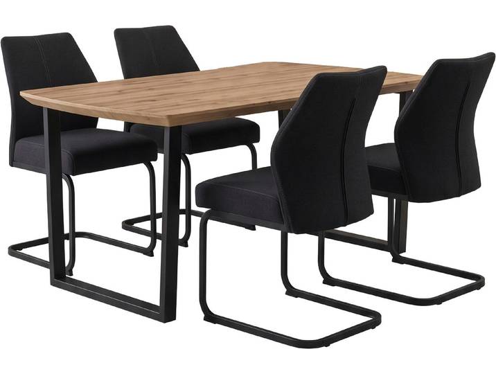 Essgruppe HELA WANDSBEK , braun (eiche hell, schwarz, schwarz, schwarz), B:180cm, 100% Polyester, Sitzmöbel-Sets, Essgruppe, Tisch Echtholz furniert, Schweizer Kante, Stuhl mit Federkorb