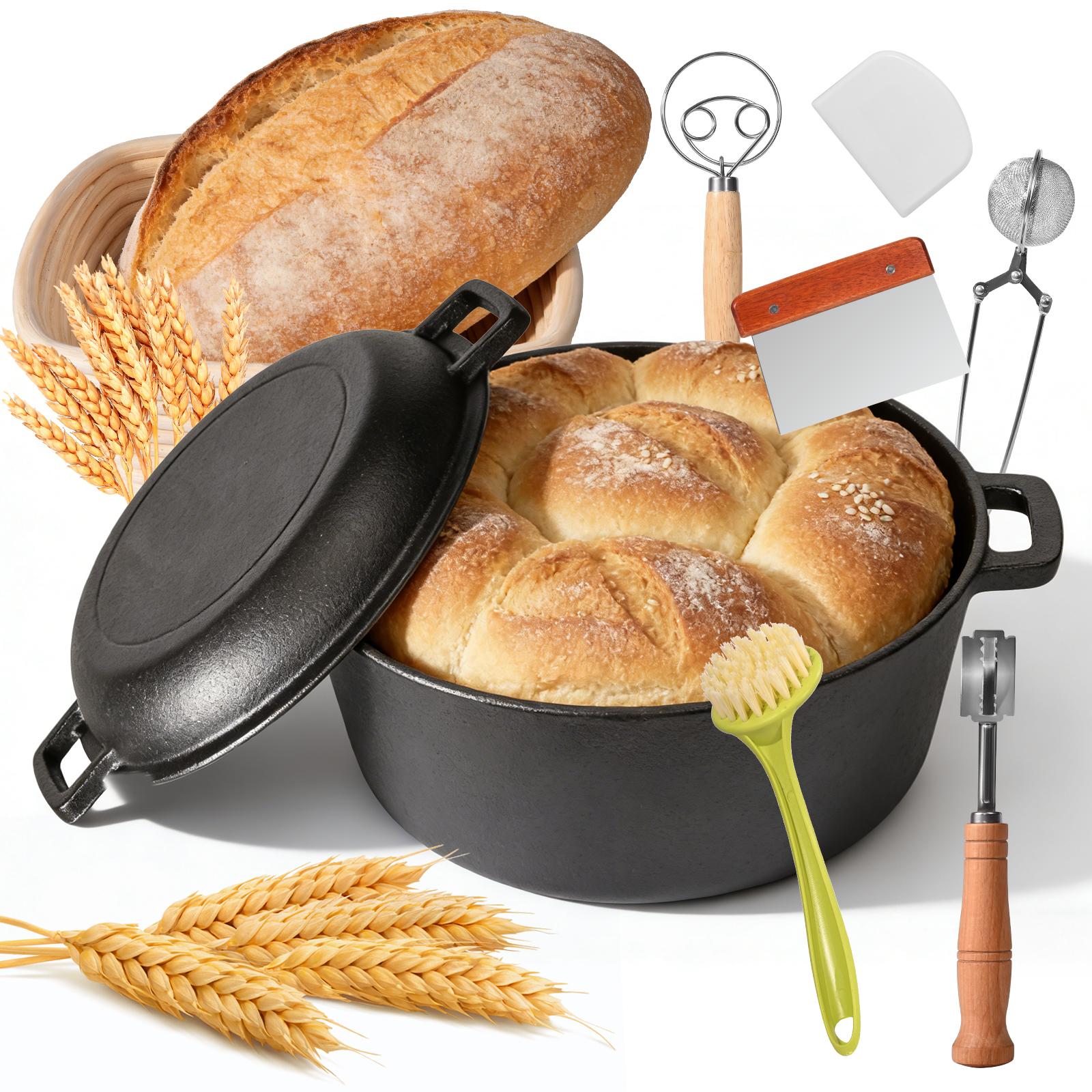 2-in-1 Brotbackset mit emailliertem Gusseisentopf - Gärkorb - Backblech - Teigschaber aus Metall und Kunststoff - Teigmischer - Bäckermesser