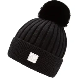 Bommelmütze CHILLOUTS, Damen, schwarz, Feinstrick, Baumwollmischung, unifarben, Mützen, elastisch, Formbeständig, gefüttert, mit breitem Umschlag