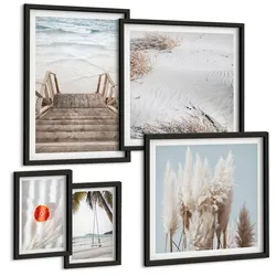 BILDER SET 5er Set - 50x50 cm & 20x30 cm & 40x60 cm Schwarzer Rahmen - Strandatmosphäre dank hölzerner Treppen.