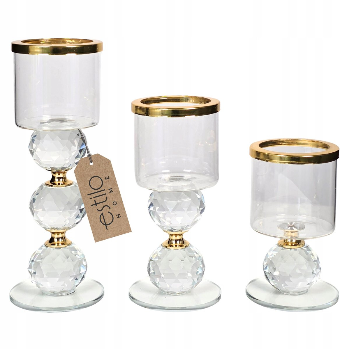 Set van 3 luxe glazen kandelaars met gouden accent en kristal voor stompkaarsen of kaarsjes