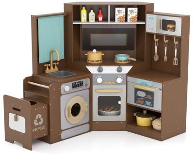 Costway Corner Kitchen Toys with Lights and Sounds with Pull-out Trash Can and Stoves-Coffee