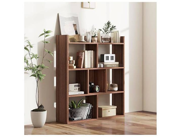 GIANTEX Bibliothèque à 7 Cubes - Patins Antidérapants - 80x20x90cm - Dispositifs Anti-Basculement - Salon Cuisine - Noyer