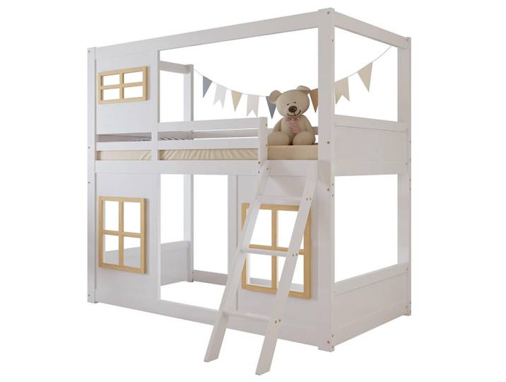 Stilvora Etagenbett 90/200 cm in Weiß & Natur Kinderbett mit Trittleiter, Umzäunung und Fenstern, Holz, 90x200 cm, Babymöbel & Kindermöbel, Kinderzimmer & Jugendzimmer, Stockbetten