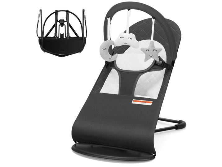 Transat bébé avec jouets étoiles et lune, transat pliable portable pour nourrisson, utilisation intérieure/extérieure, gris