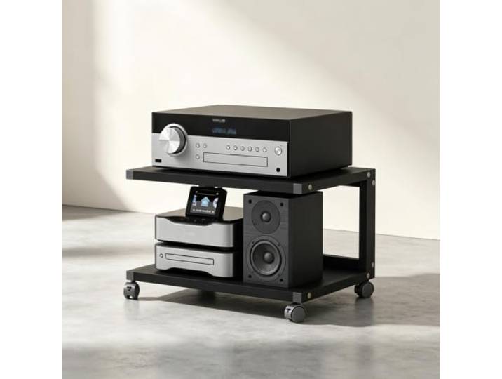 YHTCSXMD HiFi Rack mit Rollen, Offenes Audio Rack für Audiogeräte Dicke Holzablagen, Stahlrahmen und Rollen mit Fußbremse, für Wohnzimmer und Büro
