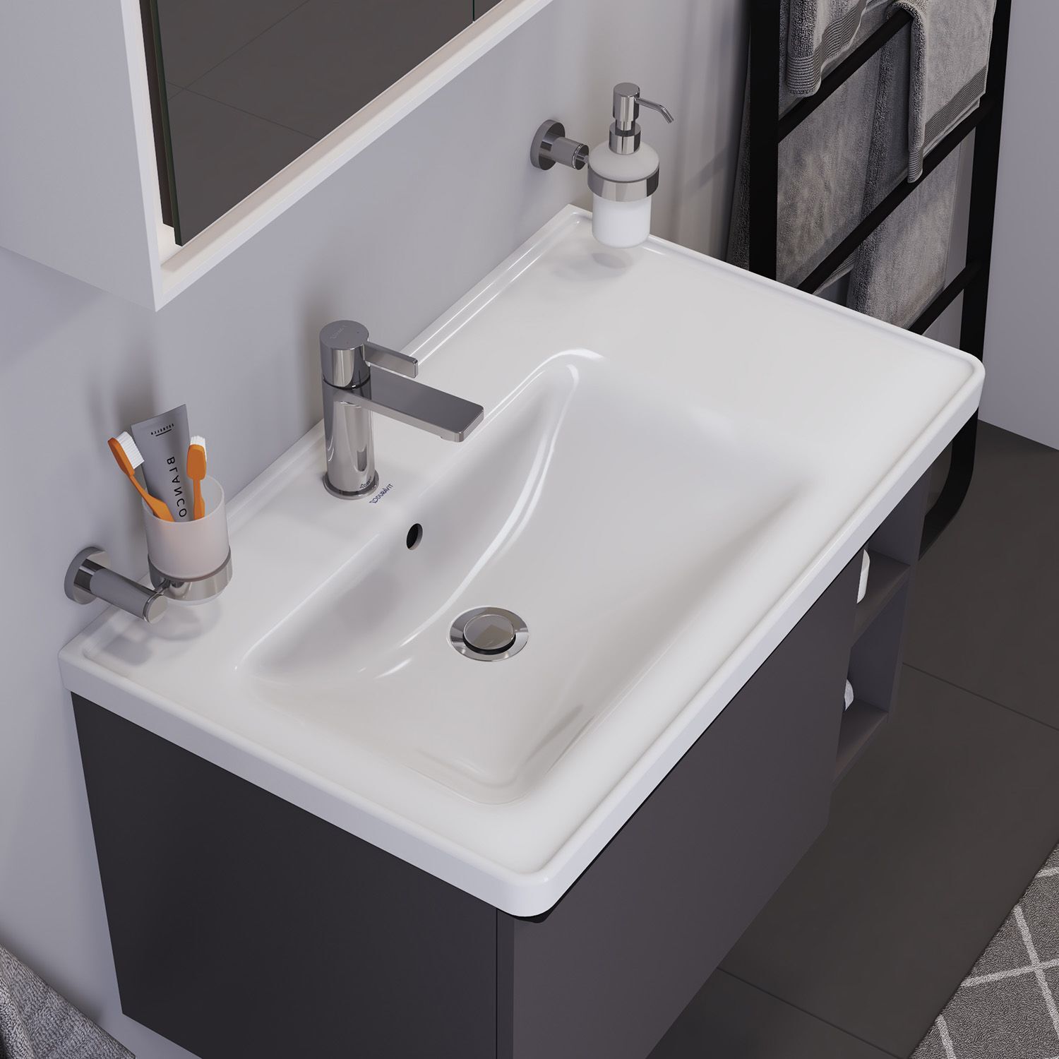 Duravit D-Neo Möbelwaschtisch 80 cm asymmetrisch, mit 1 Hahnloch und Überlauf, Ablage rechts