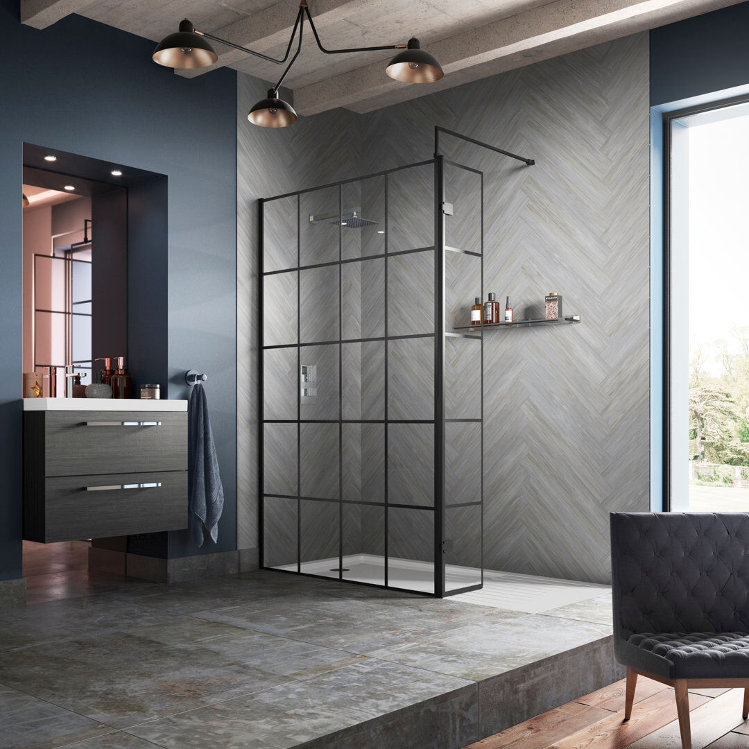 Nuie Framed Wet Room Glass Screens with Pattern Glass 195cm H x 76cm W x 1.4cm D