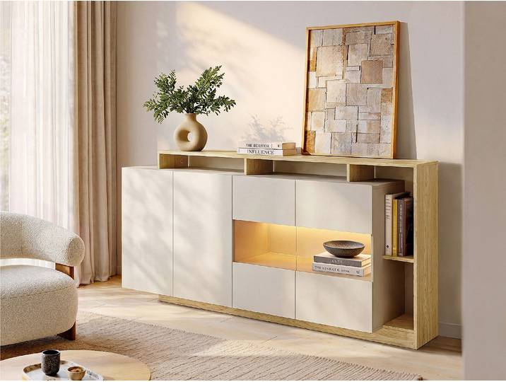Sideboard mit 4 Türen & 4 Ablagefächern - Mit LED-Beleuchtung - Beige und Natur Hell - IDESIA