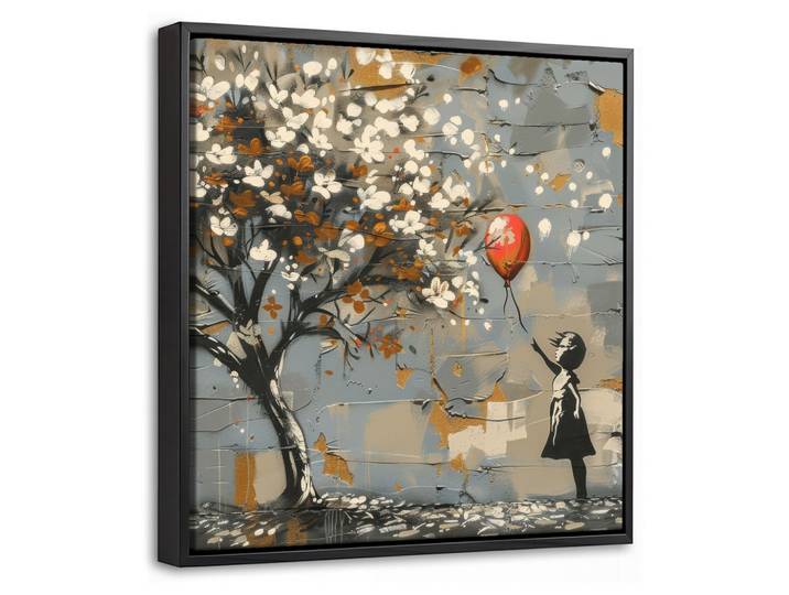 LEINWAND Bilder mit Rahmen - Baum - Graffiti - Banksy-Stil - Ballon-Mädchen - 20x20