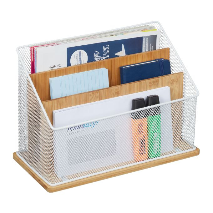 Relaxdays Brievenbak met 3 vakken, metaal en bamboe, wit, H 20 x B 29 x D 14 cm