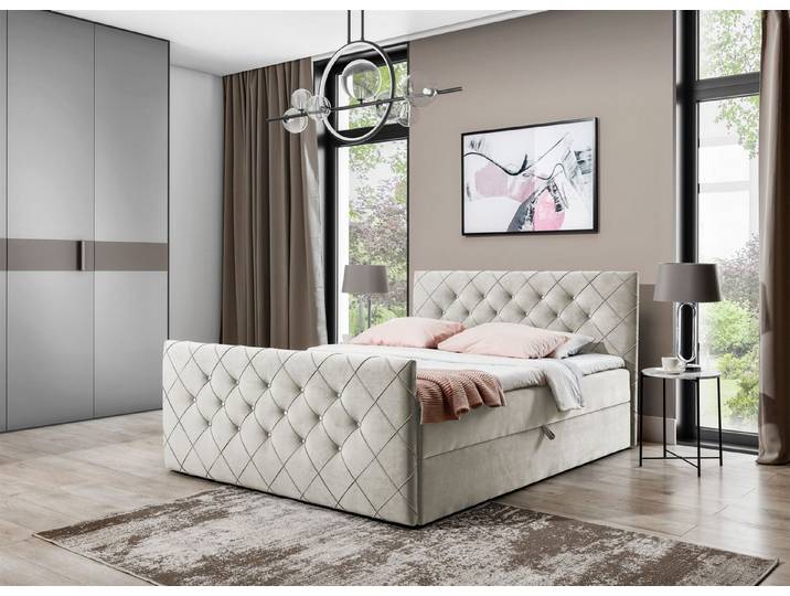 Fun Möbel Boxbett Schlafzimmerbett EIVOR (Inkl. Bettkasten, inkl. Topper), Kopfteil und Fußteil mit Strasssteinen besetzt