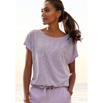 Rundhalsshirt VENICE BEACH, Damen, Gr. 36/38, lila (flieder), Slub, Obermaterial: 65% Polyester, 35% Viskose, mehrfarbig, figurumspielend hüftlang, Rundhals, Shirts Rundhalsshirt, mit Logoprint, T-Shirt, sommerlich-sportlicher Look