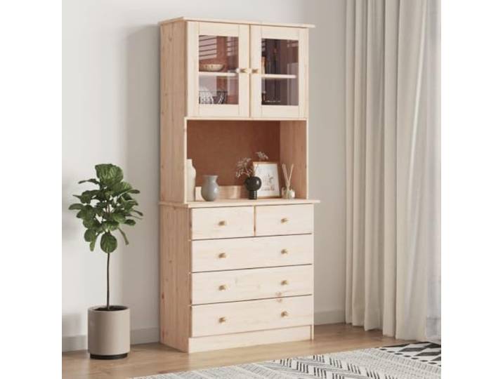 HEFZGDB Massivholz Highboard für Wohnzimmer aus Kiefer mit Glastüren - Rustikales Hochboard aus unbehandeltem Kiefernholz zum Streichen - Schrank mit reichlich Stauraum