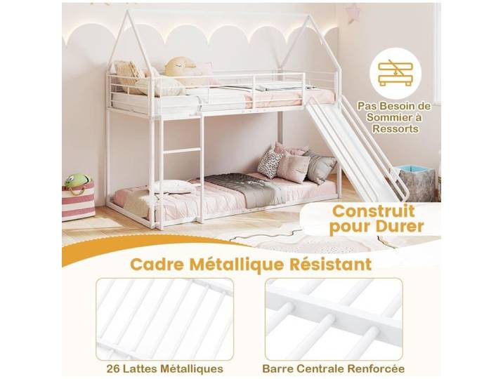 GIANTEX Structure de Lit Superposé pour Enfants 6-16 Ans avec Toboggan Échelle à 3 Marches Barrière de Sécurité