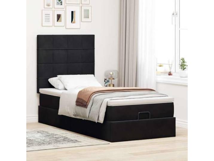 KTHLBRH Ottoman Bett aus schwarzem Samt, 90 x 190 cm Kopfteil, Taschenfederkernmatratze, hydraulischer Aufsatz, inklusive Matratzenschoner