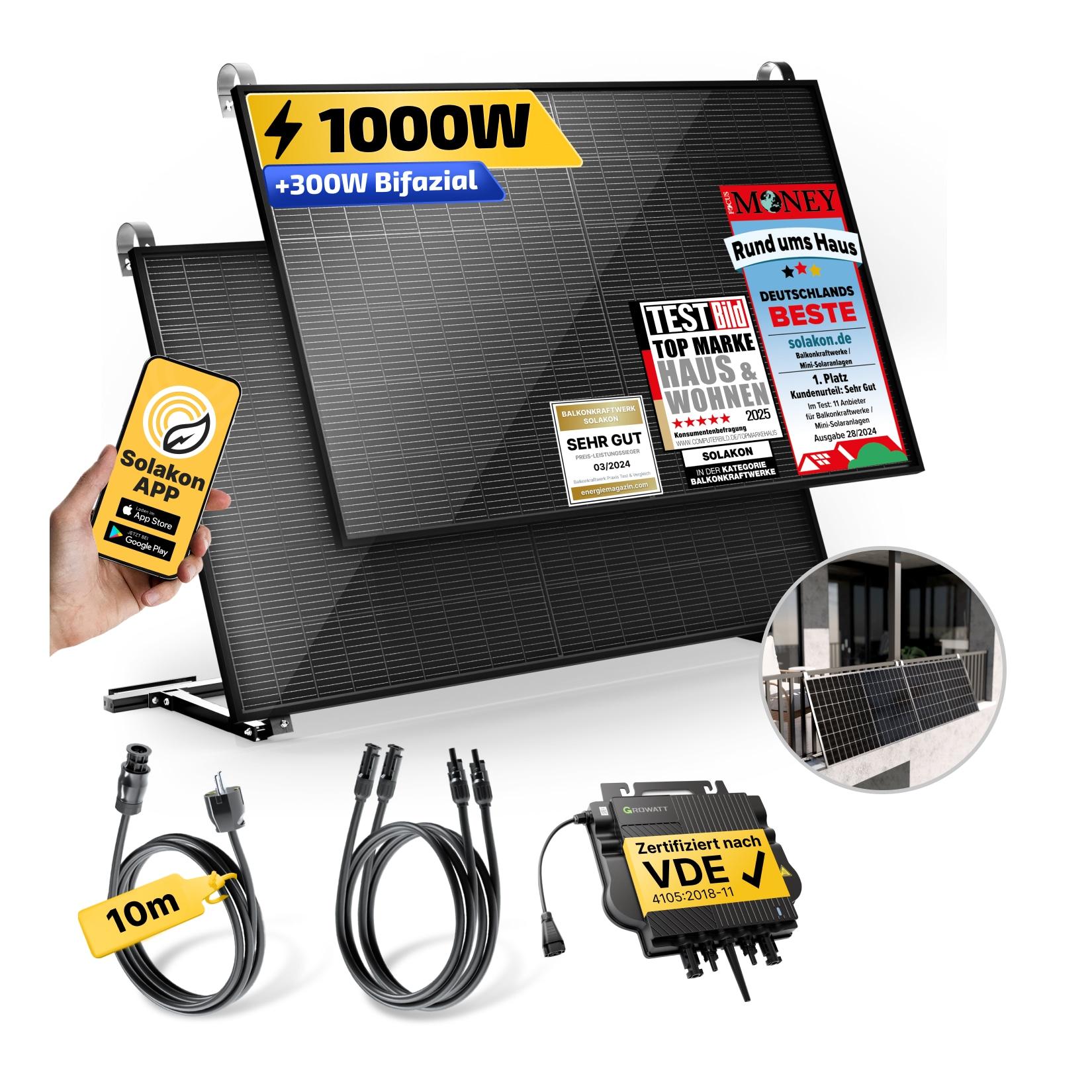 Balkonkraftwerk 1000W/800W Solaranlage mit Balkon Halterung Steckerfertig WIFI Komplettset Photovoltaik Anlage 800W, Kabellänge: 10m