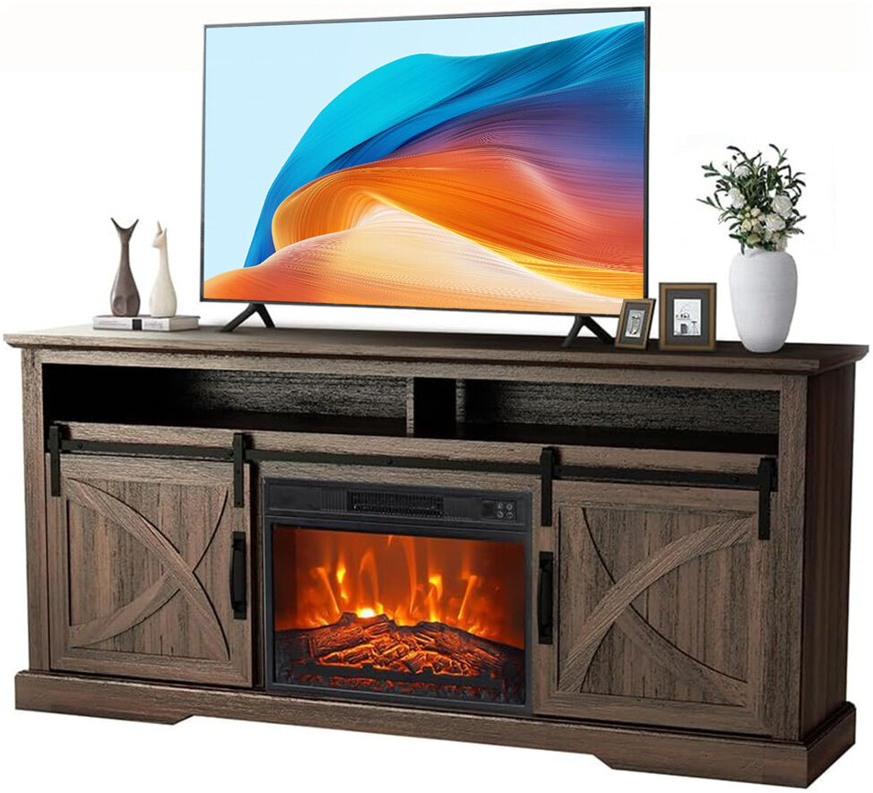 Brambly Cottage 173cm TV Stand, Rustic Farmhouse Media Unit with Sliding Barn Doors, MDF Wood Entertainment Centre for Living Room & Bedroom Brown 24"