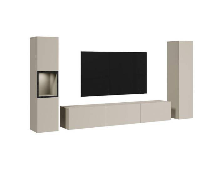 P & B Wohnwand, Kaschmir, Holzwerkstoff, 3-teilig, 8 Fächer, 240x130x31 cm, Fsc, stehend, hängend, Beleuchtung, spiegelbildliche Montage möglich, Wohnzimmer, Wohnwand, Komplette Wohnwand