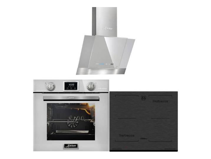 Kaiser Küchengeräte Backofen-Set Herd Set Autark Elektro Backofen, Autark, 79L, Drehspieß, 10 Funktionen+Induktions-Kochfeld, Autark Herd Power Booster 60 cm Barbecue+Dunstabzugshaube 60 cm, 910 m³/h, TouchControl EH 6326 W+KCT 6700 FI+AT 6438 FW, mit 1-fach-Teleskopauszug