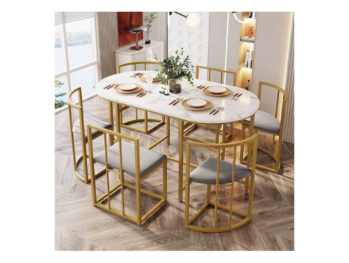 Oxeza Essgruppe Esstischset 6 Stühle, weißer Tisch mit goldfarbenem Gestell