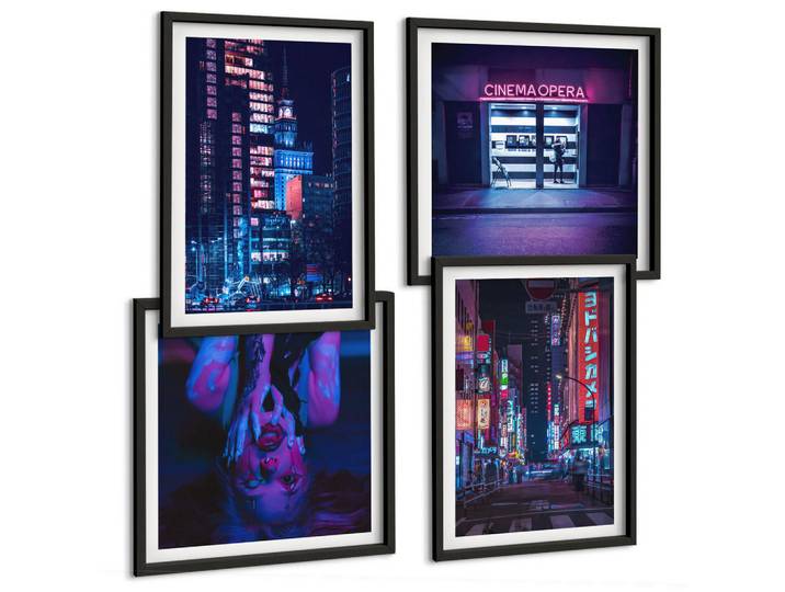 Tulup Bilder SET 4er Set - 50x50 cm & 40x60 cm Schwarzer Rahmen - Nachtstadt mit Neonlichtern, Kunststoff, Rechteckig, 50x50 cm, gerahmt, Bilder & Rahmen, Bilder