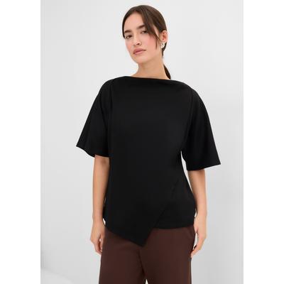 T-Shirt BONPRIX, Damen, Gr. 44/46 (L), schwarz, Obermaterial: 100% Baumwolle, bequem, Shirts T-Shirt, mit Wasserfallausschnitt, asymmetrischer Saum, Kurzarm-Design