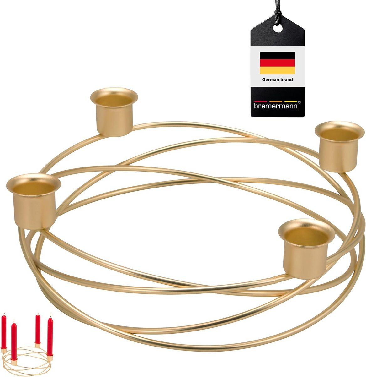 Gouden kransvormige kandelaar voor 4 staafkaarsen, diameter: 22 cm