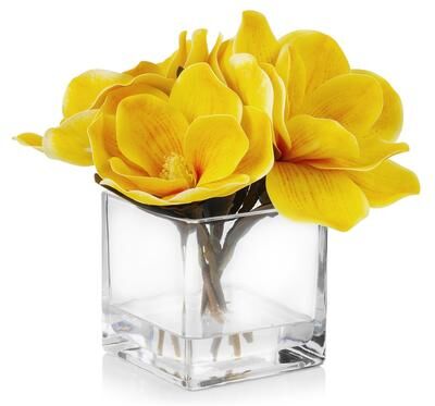 Enova Home Artificial Real Touch Magnolia Faux Flowers Arrangement in Cube Glass Vase with Faux Water Home Wedding Decoration