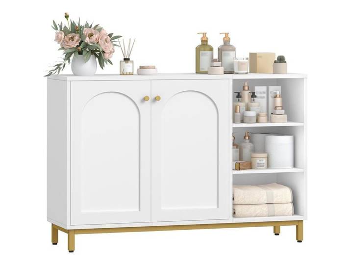 Meuble Salle de Bain Meuble de Rangement Armoire Salle de Bain Placard Rangement avec 2 Portes Compartiment Ouvert Blanc-Or