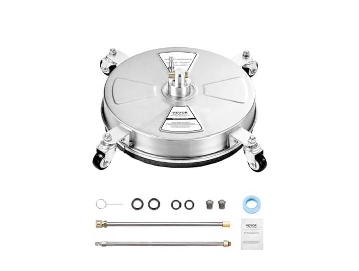 VEVOR Nettoyeur de Surface pour Nettoyeur Haute Pression 395 mm\, Accessoire Nettoyeur Sol en Acier INOX sur Roues\, 275 Bar Max. connecteur 0\,635 cm 2 Buses pulvérisation 2 tiges Extension\, pour béton
