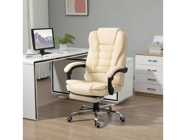 HOMCOM Fauteuil Bureau Inclinable Crème PU Confort Roulettes