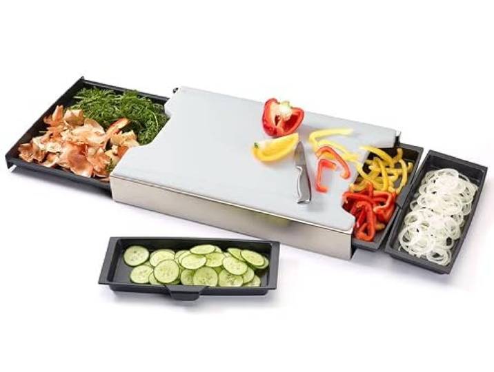 Schneidbox Kunststoff - Schneidebrett Mit 4 Auffangschalen Im Edelstahlkasten - Patentiertes Trennsystem - Made In Germany - 46 x 30 x 7 cm