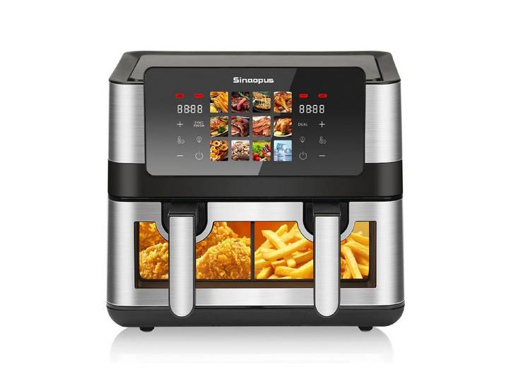 Blossom Heißluftfritteuse 8,5 L Heißluftfritteuse Doppelkammer Airfryer mit Sichtfenster, 200℃, 400 W, 12 Programme Touchscreen Heissluftfritteuse Dual Zone Fritteuse