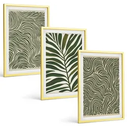 BILDER SET 3er Set - 40x60 cm Goldrahmen - Blattmuster wellenförmige Formen