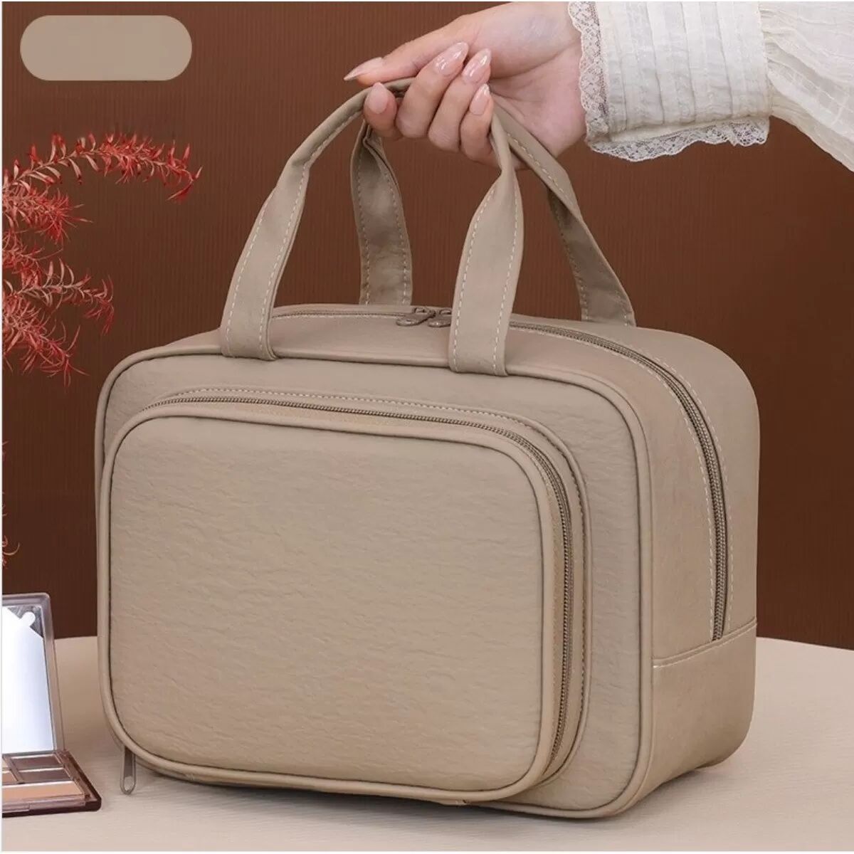 INF Old Money Stil Taslon wasserdichtes Make-up-Täschchen – Mehrfaches Innenfach Polyester Reise-Kosmetiktasche, kompakter Khaki