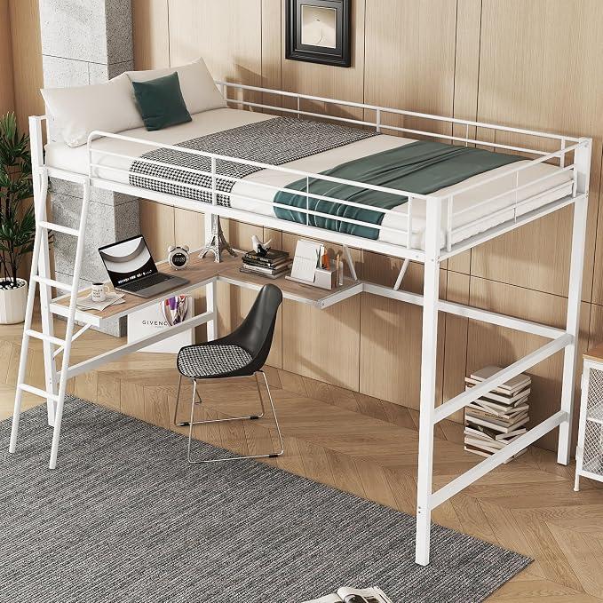 Kinderbett 90x200 cm, Etagenbett mit L-förmigem Schreibtisch, Hochbett mit Treppe, Rausfallschutz Geländer, Geeignet für Kinder und Jugendliche, Weiß (Ohne Matratze)