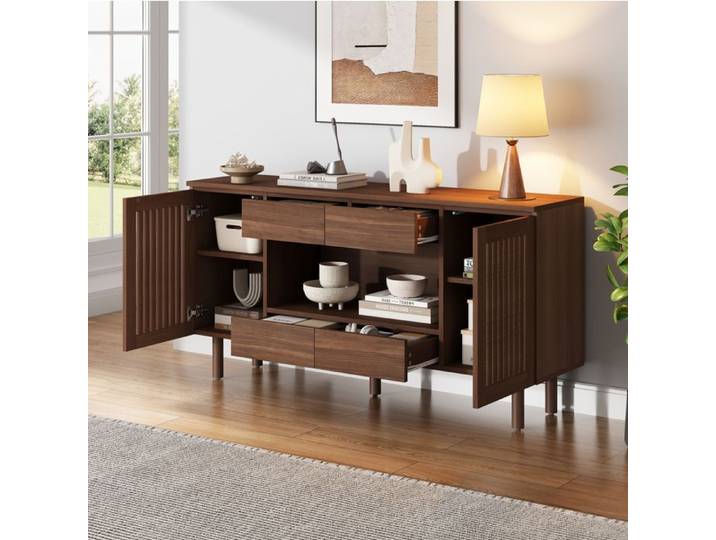 MEUBLIV Buffet bas 140 cm effet noyer 4 tiroirs 2 portes à lames MDF