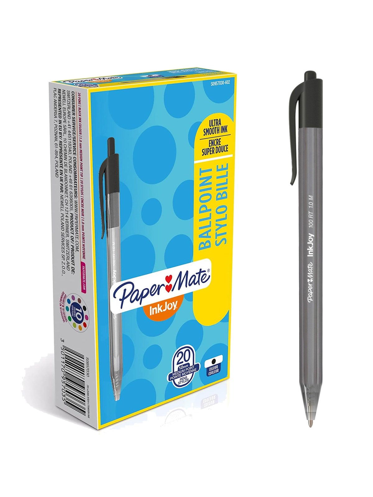 Paper Mate InkJoy 100RT Retractable Kugelschreiber | mittlere Spitze (1,0 mm) | Schwarz | 20 Stück