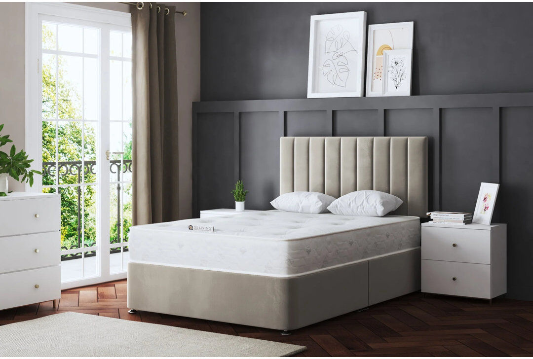 DS Living Upholstered Panel Divan Bed with Headboard Beige Double (4'6)