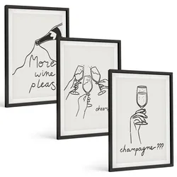BILDER SET 3er Set - 40x60 cm Schwarzer Rahmen - Champagner-Wein-Linienzeichnung