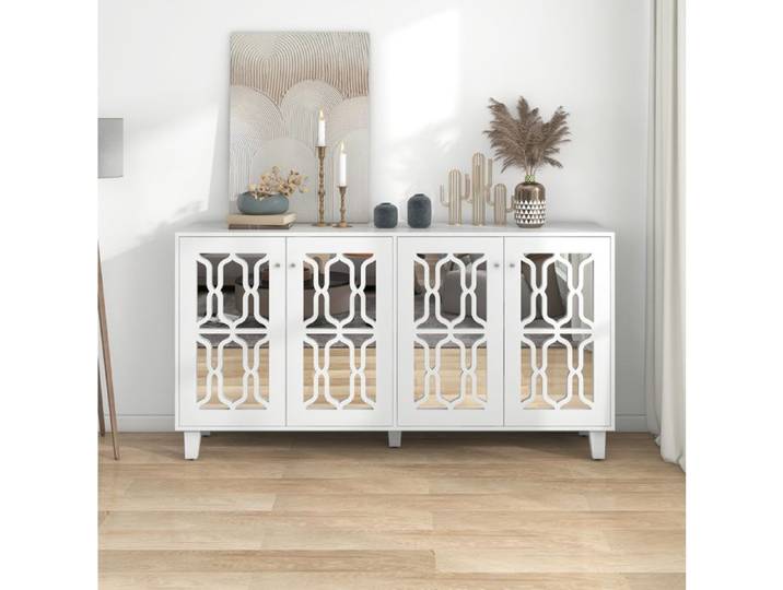 Buffet Moderne VIVRYN Buffet Bas Buffet blanc miroir poignées en cristal 4 portes 160 x 40 x 84 cm