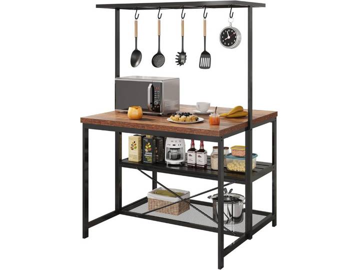GarveeMore Kücheninsel mit 3-stöckige Aufbewahrung,5 Haken für Esszimmer und Wohnzimmer, Küchenregal,Bäckerregal,Mikrowellenherdständer,107x71x183cm