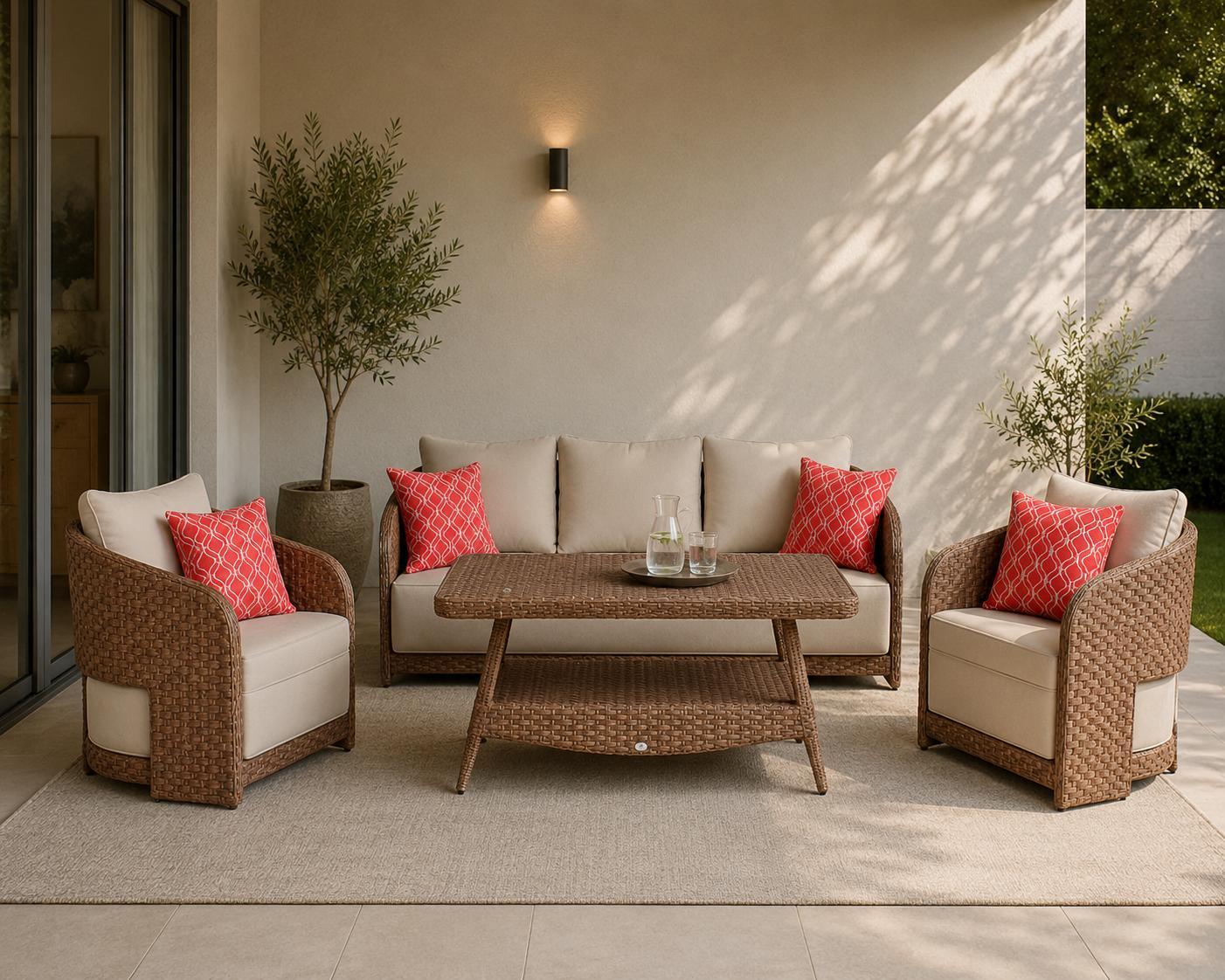 Gartenmöbel Set Sofa 2 Sessel Beige Modern Terrasse Lounge Set