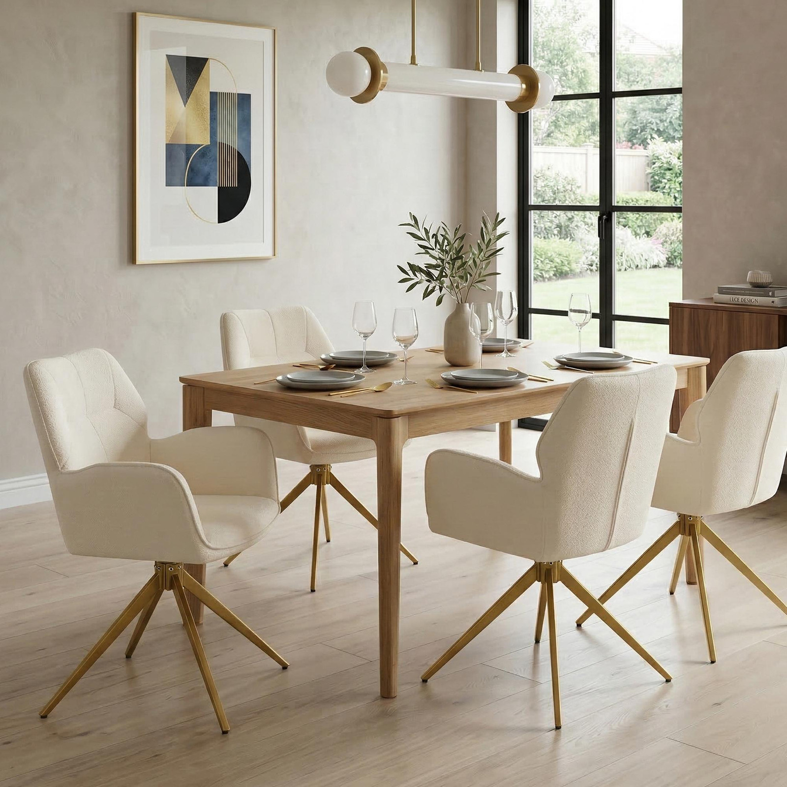 OKWISH Set van 2 draaibare eettafelsstoelen met armleuningen en rugleuning, crèmekleurig