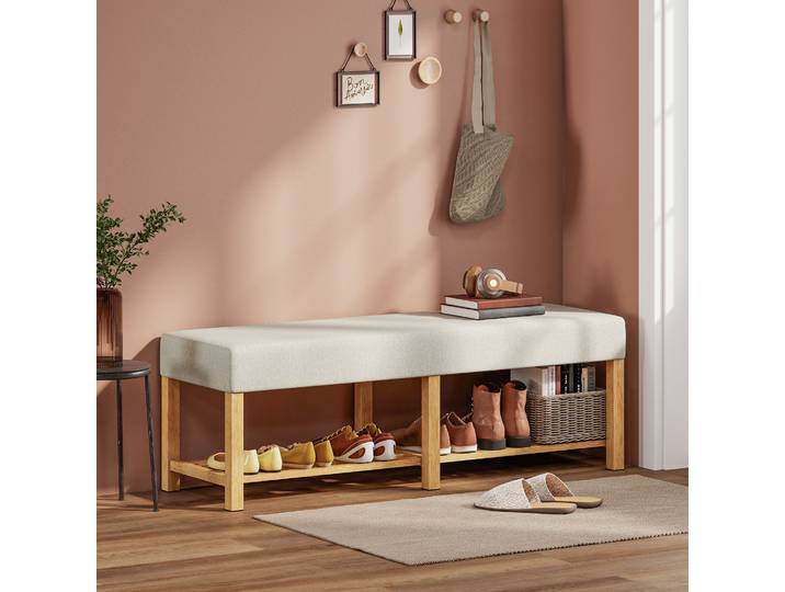 HOMCOM Banc à Chaussures 140cm Bois Massif Assise Rembourrée