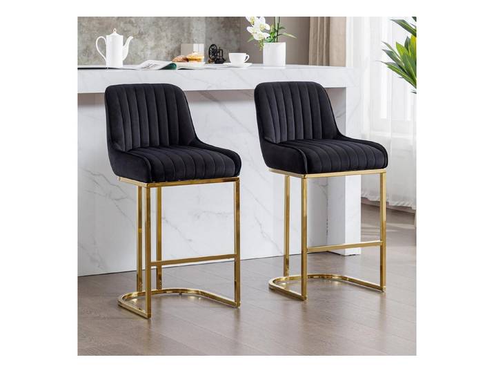 LuxusKollektion Barhocker Barhocker 2er Set Samt Metall Gold Rückenlehne Schwarz