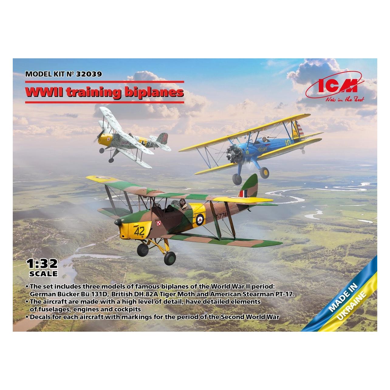 ICM WWII training biplanes (Bücker Bü 131D, DH.82A Tiger Moth, Stearman PT-17) (32039)