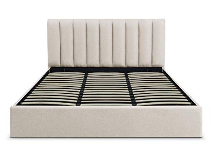 Menzzo Songe Bett mit Stauraum + Lattenrost, Stoffbezug Beige 180cm