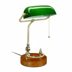 Relaxdays Bankerlampe mit Zugschalter, neigbarem Glasschirm & Holzfuß, Bankerleuchte E27, Schreibtischlampe Retro, grün
